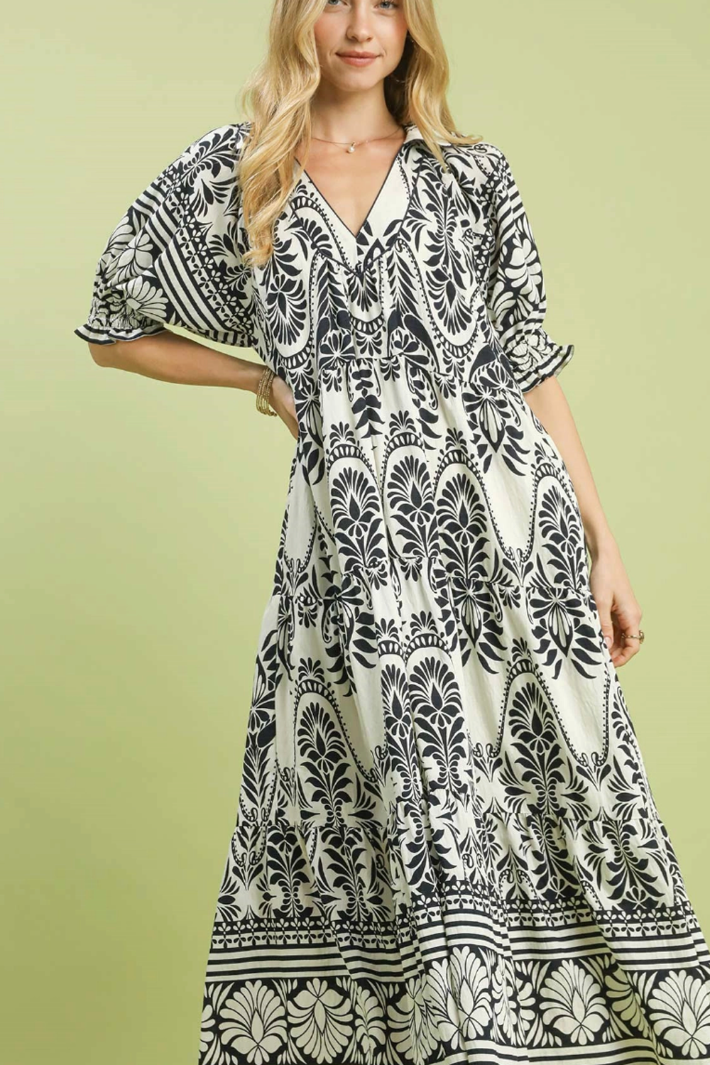 Two Toned Border Print Dress - Cream
