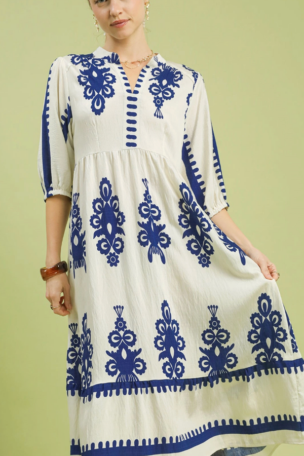 Two Toned Abstract Dress - Cream & Blue