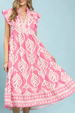 Leaf Printed Tiered Maxi Dress - Peony Pink