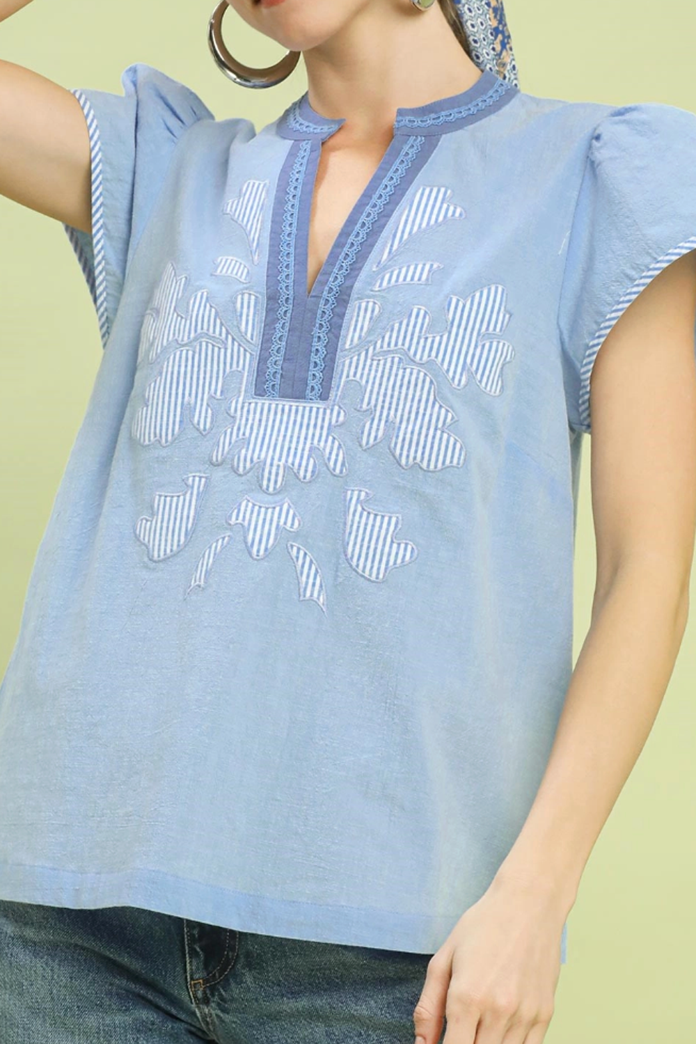 Abstract Split Neck Striped Top - Light Blue
