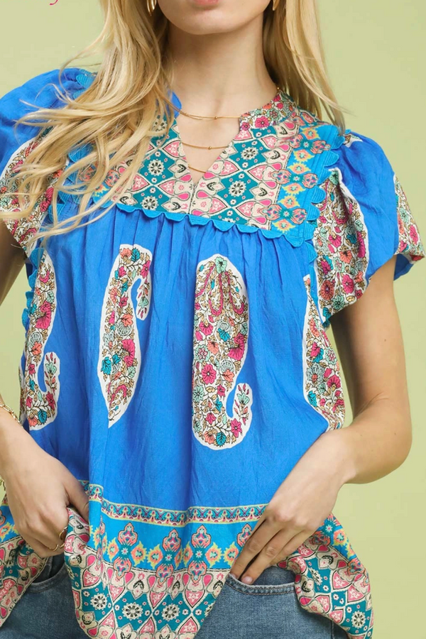 Smocked Flutter Sleeve Top - Cerulean Blue