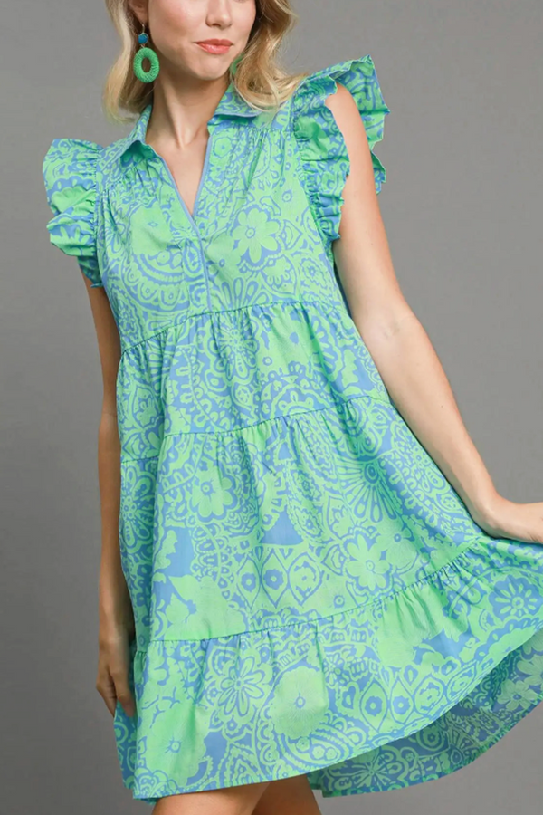 Medallion Print Babydoll Ruffle Dress - Mint Blue