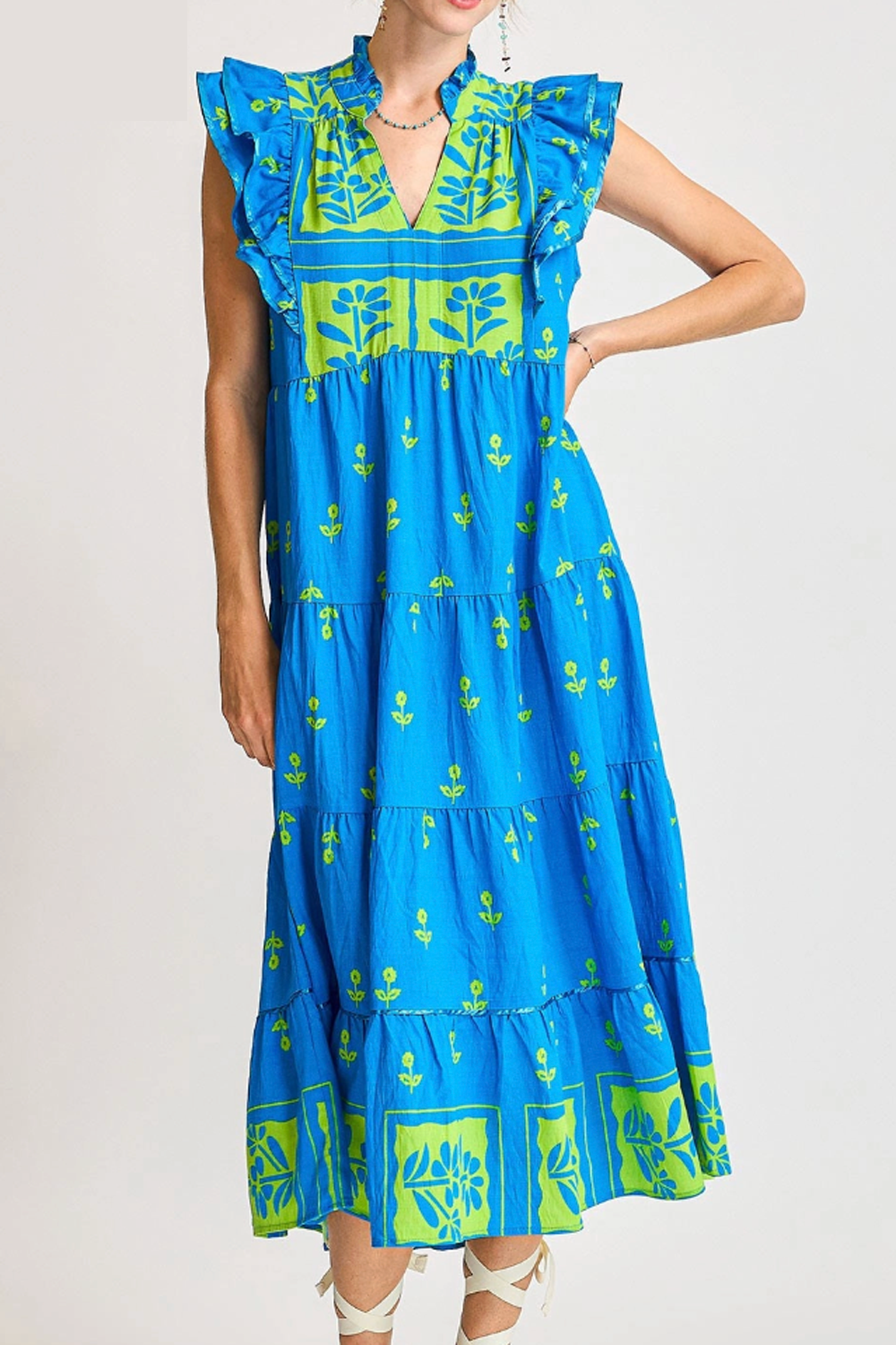 Floral Tiered Ruffle Midi Dress - Ocean Blue