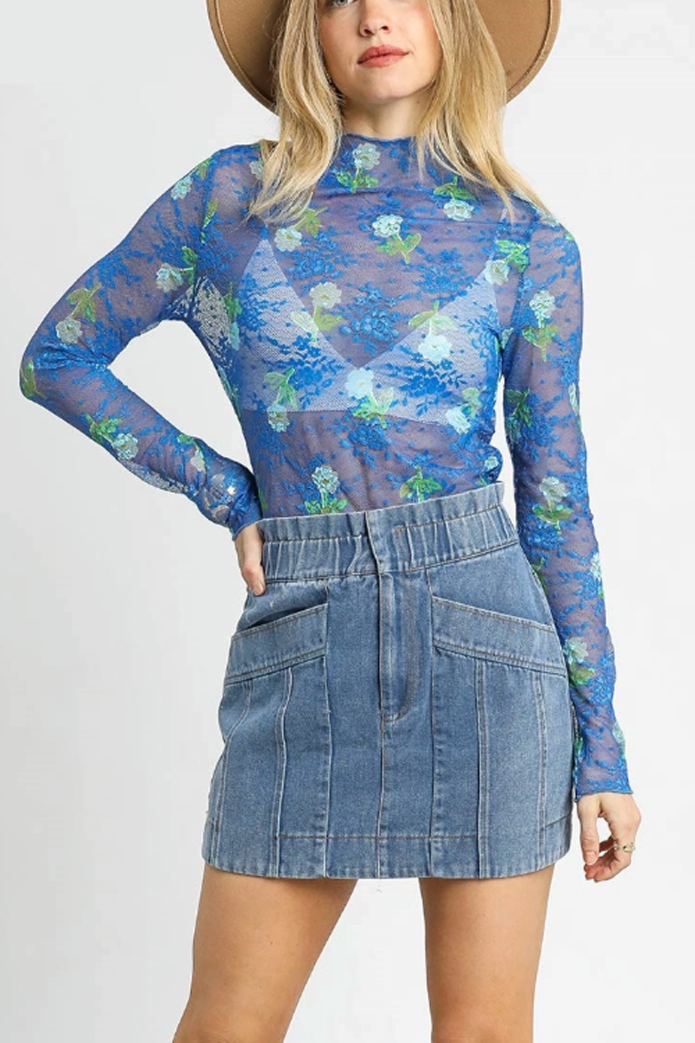 Bloom Mesh Floral Lace Mock Top - Ocean
