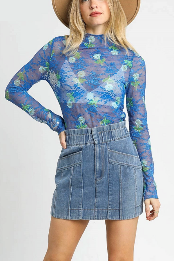 Bloom Mesh Floral Lace Mock Top - Ocean