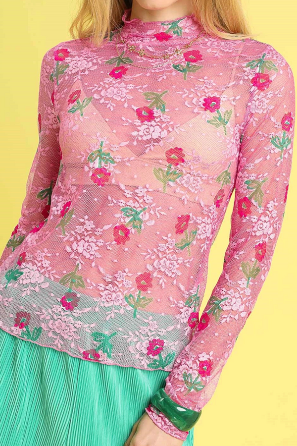 Bloom Mesh Floral Lace Mock Top - Pink