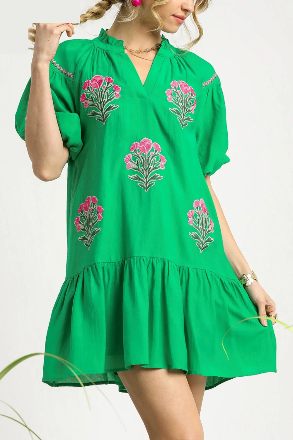 Bubble Sleeve Short Dress - Kelly Green