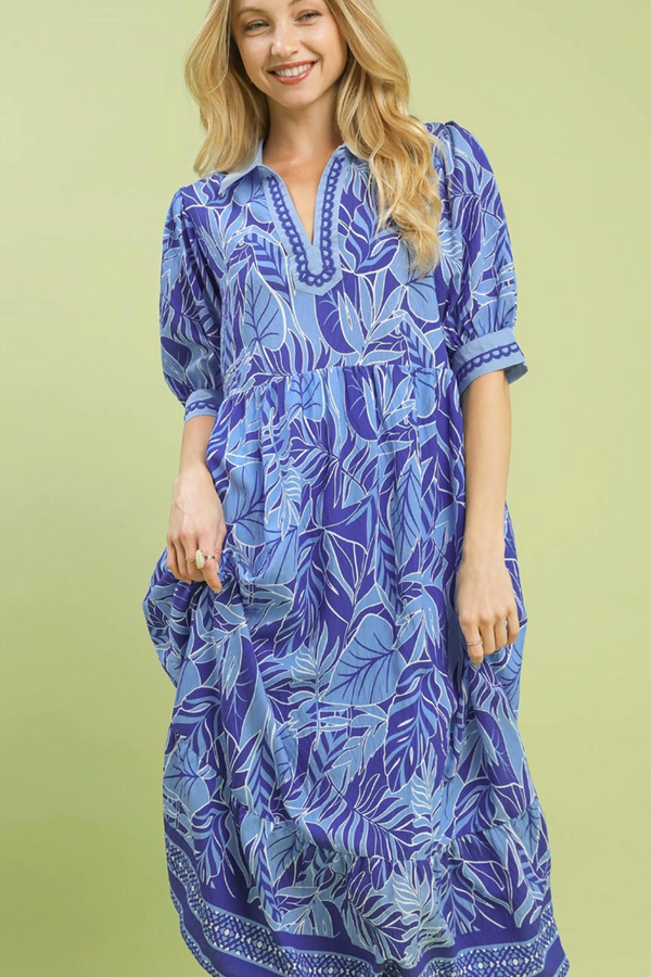 Leafy Border Print VNeck Dress - Blue