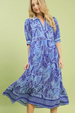 Leafy Border Print VNeck Dress - Blue