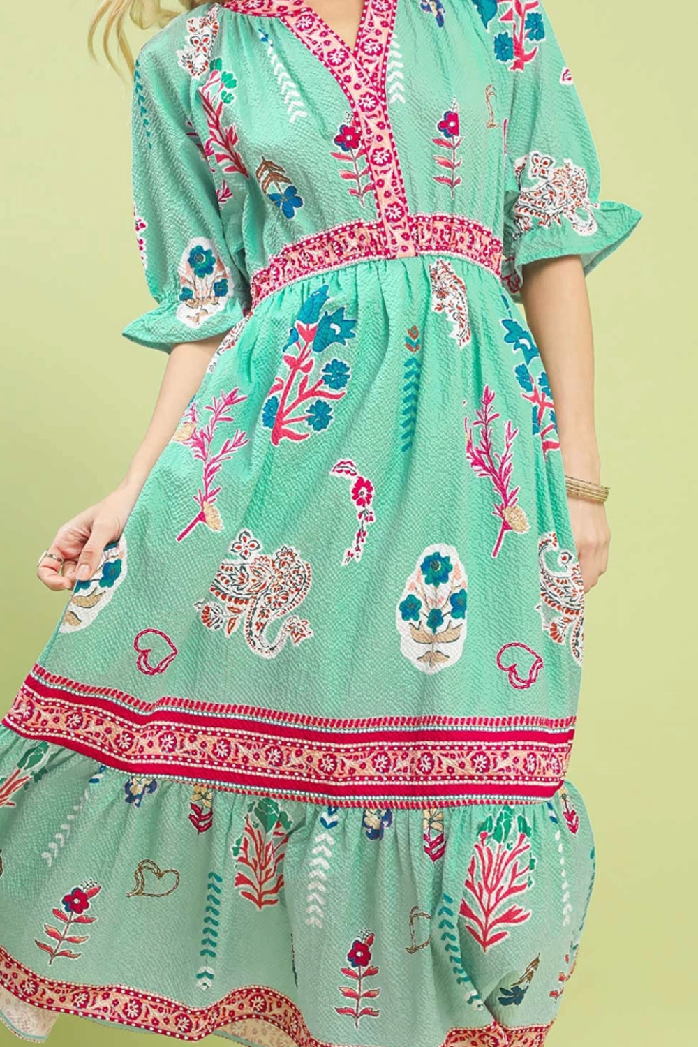 Floral Collage V-Neck Midi Dress - Mint Mix