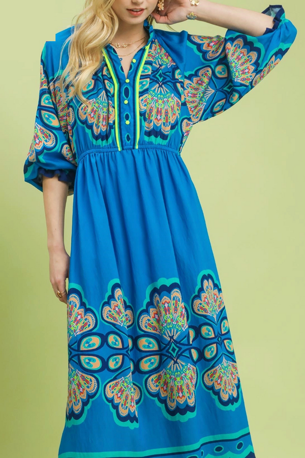Plume Border Printed Midi Dress - Cerulean Mix