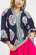 Puff Sleeve Flower Border Top - Navy