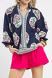 Puff Sleeve Flower Border Top - Navy