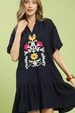 Embroidered Front Fiesta Dress - Navy