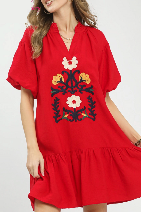 Embroidered Front Fiesta Dress - Tomato