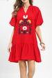 Embroidered Front Fiesta Dress - Tomato