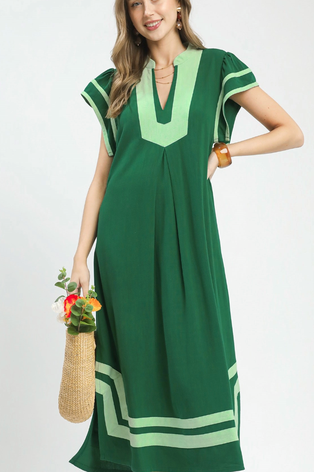 Contrast V Neckl Maxi Dress - Kelly Green