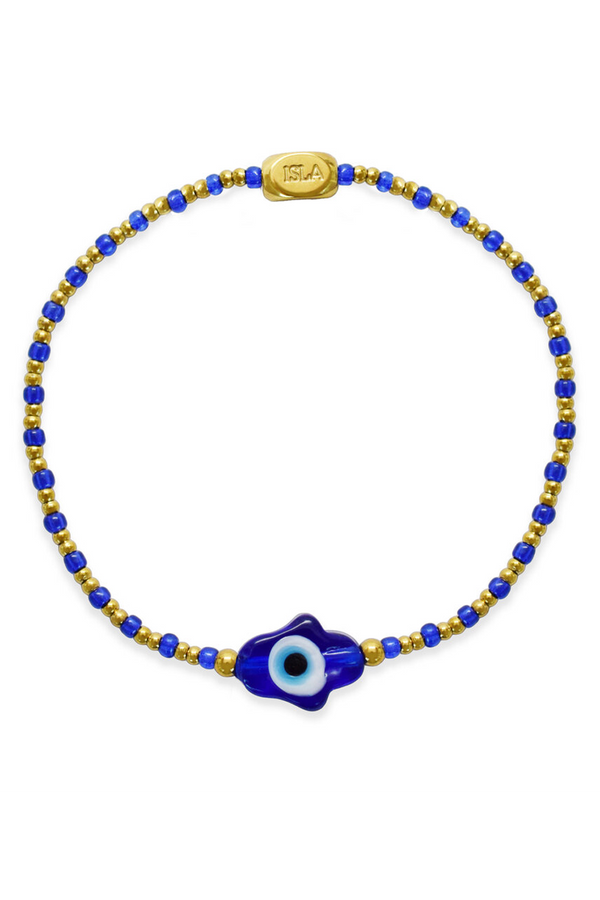 ISLA Stretch Gold Bracelet - Meditteranean Cobalt Hamsa Evil Eye