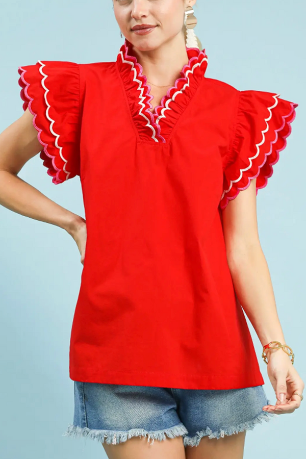 Scallop Trim Ruffle Top - Red