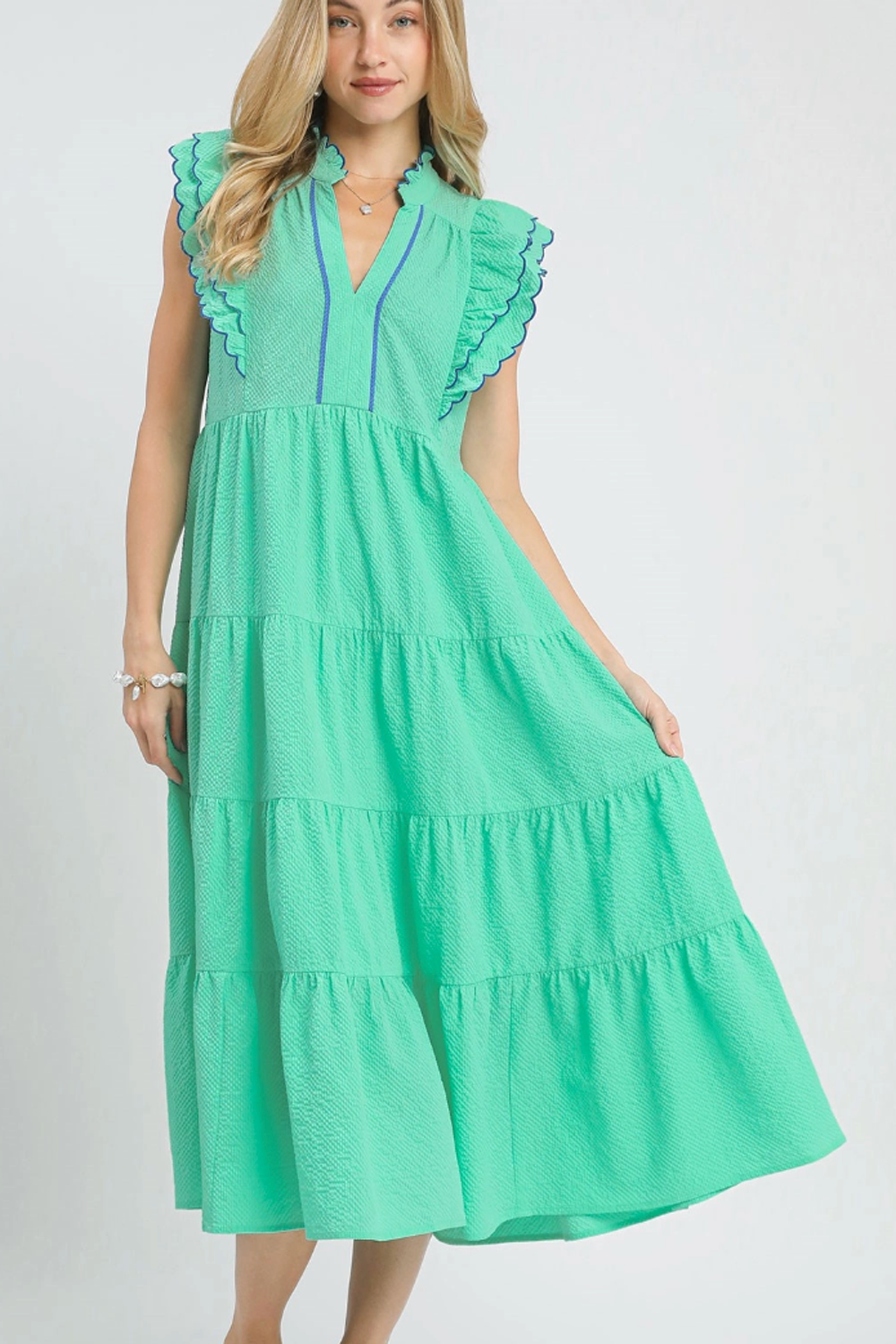 Seersucker Ruffle Sleeve Tiered Dress - Mint