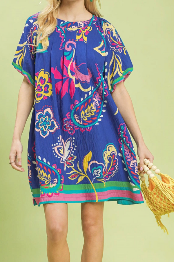 Vibrant Paisley Print Dress - Royal Blue