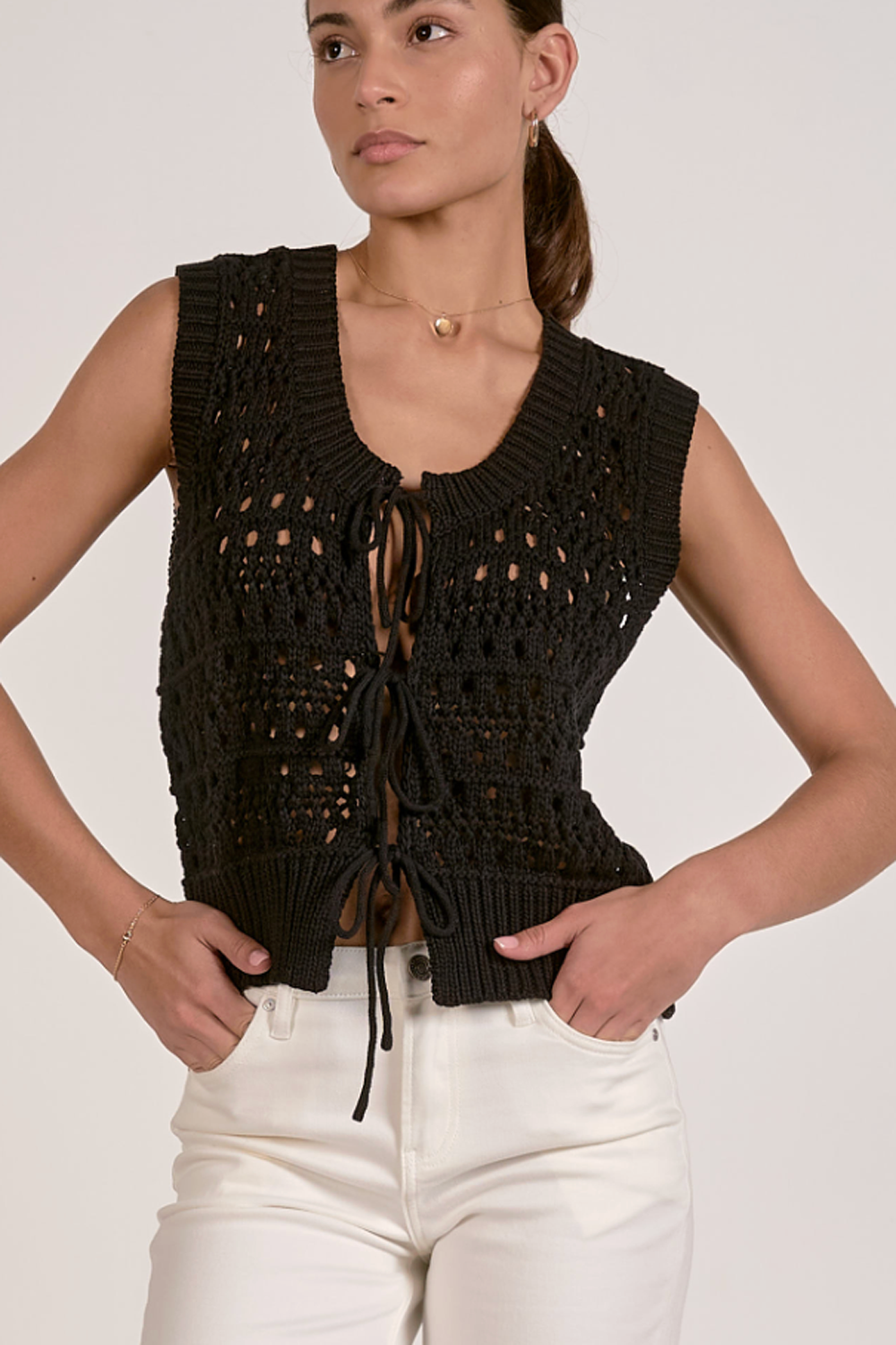 Sweater Vest Triple Tie Front - Black