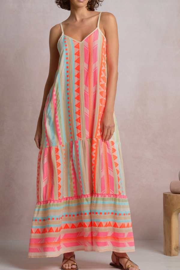 Spaghetti Strap Maxi Dress - Neon Aztec