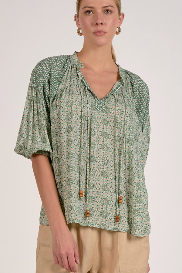 Long Sleeve Peasant Top - Green Boho