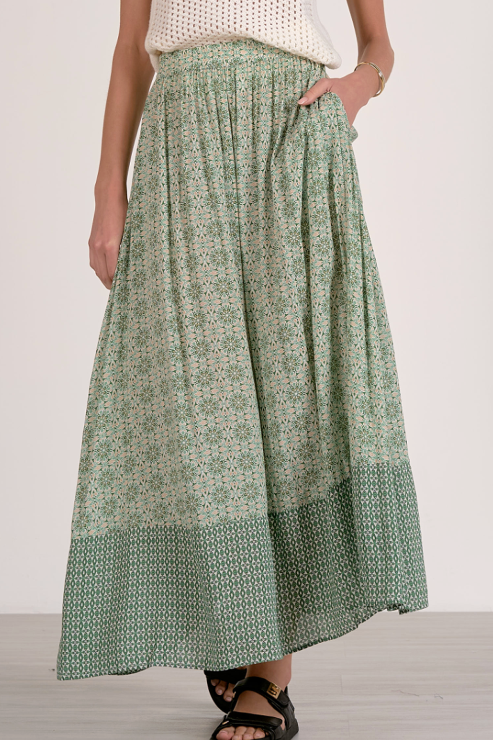 Midi Tiered Skirt - Green Boho