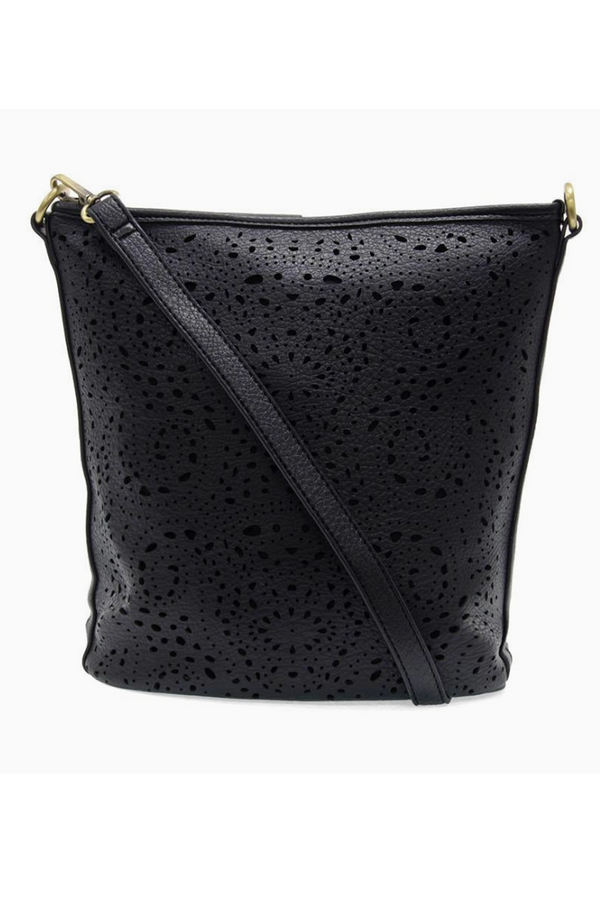 Joy Lazer Cut Eyelet Bucket Crossbody Bag - Black