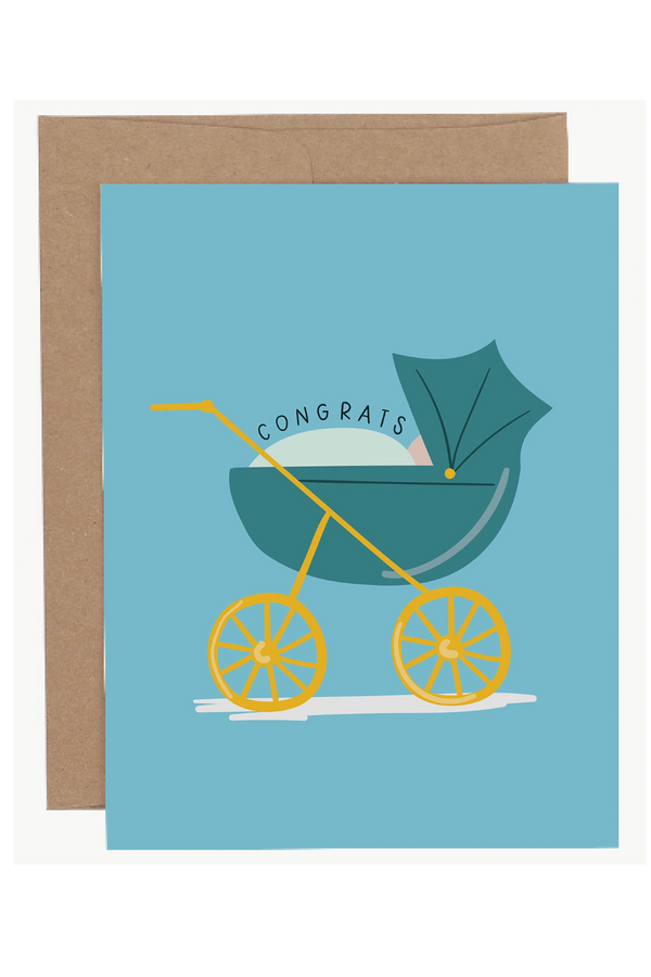 PP Single Baby Greeting Card - Baby Carriage Blue