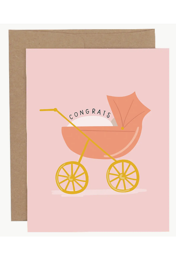 PP Single Baby Greeting Card - Baby Carriage Pink