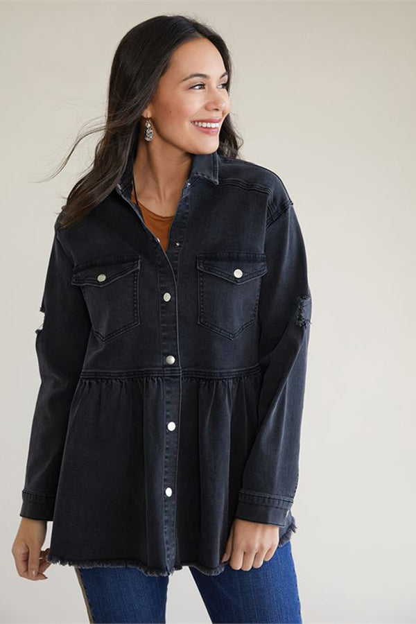 Ruffle Bottom Denim Jacket - Black