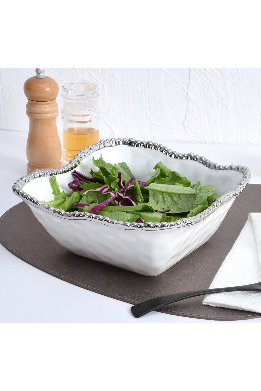 Salerno Medium Square Salad Bowl - White Silver