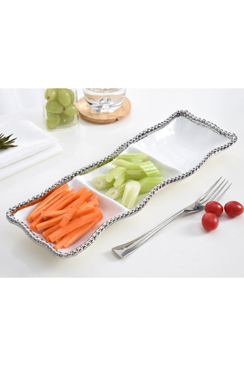 Salerno 3 Section Serving Piece - White Silver