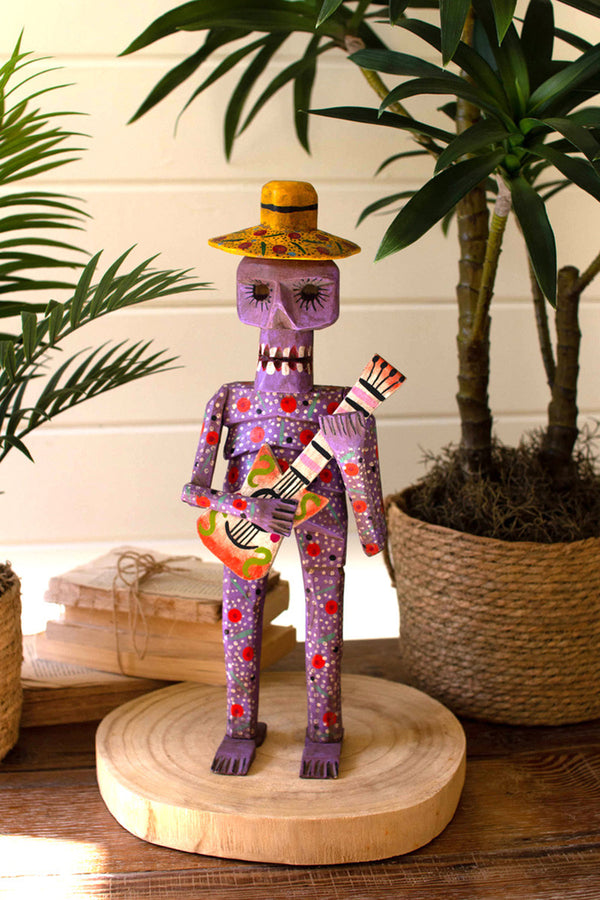Painted Wooden Skeleton Guitarist Figure
