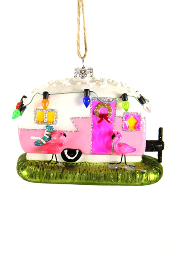 Glass Ornament - Flamingo Camper