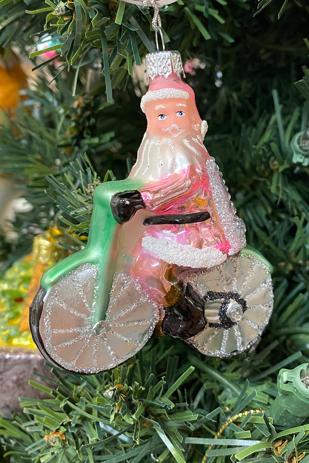 Glass Ornament - Bicycle Santa Pastel