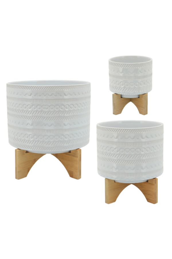 SIDEWALK SALE ITEM - Tribal Planter with Wood Stand - White