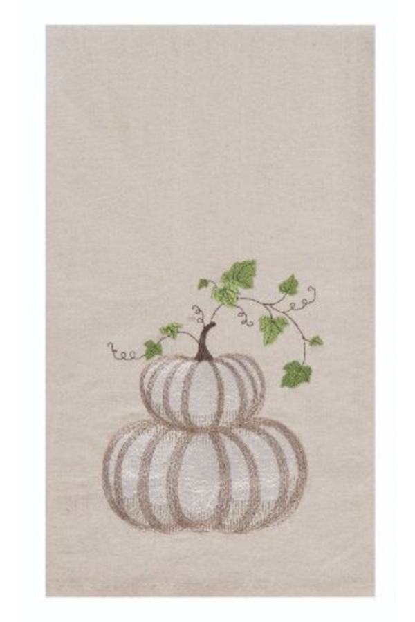 Fabric Embroidered Pumpkin Tea Towel - White