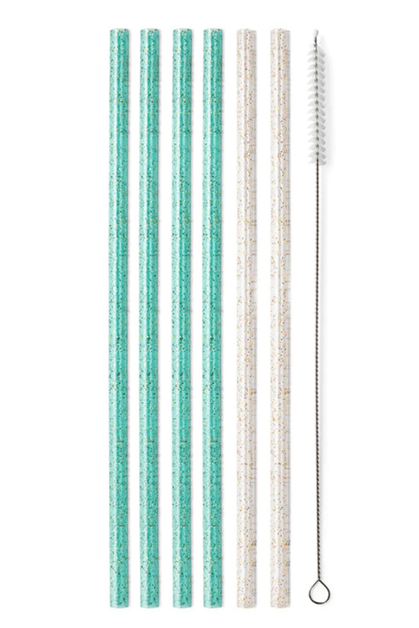 Tall Straw Set - Glitter Clear & Aqua