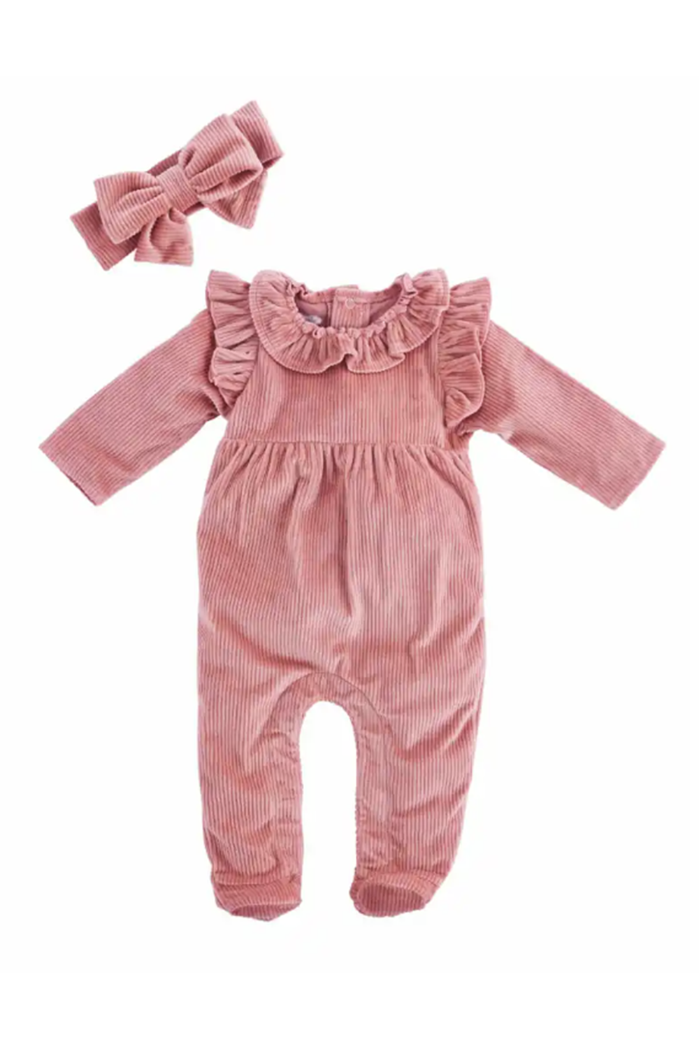 Pink Velour Ribbed Sleeper Set