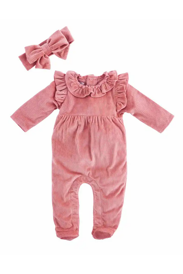 Pink Velour Ribbed Sleeper Set