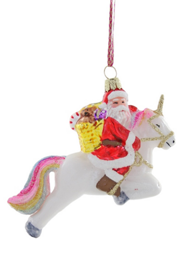 Glass Ornament - Fantastical Santa Unicorn Red