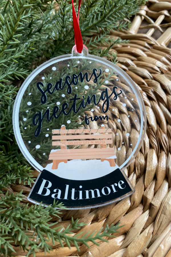 Acrylic Ornament - Snow Globe Seasons Greetings Baltimore