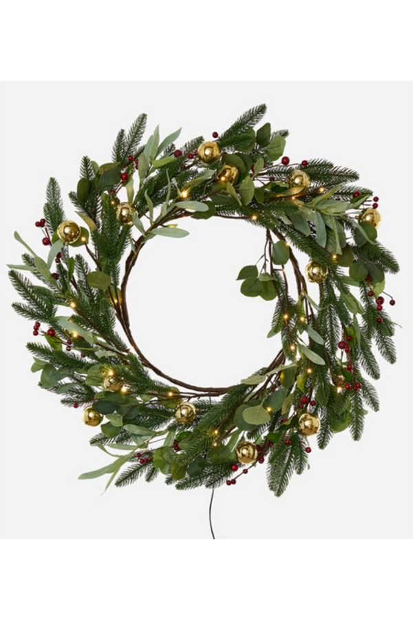 Lighted Berry Wreath with Gold Balls