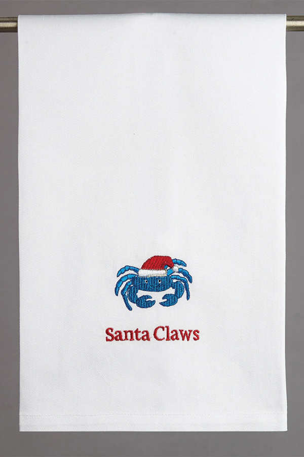 Holiday Kitchen Towel - Embroidered Blue Crab Santa Claws