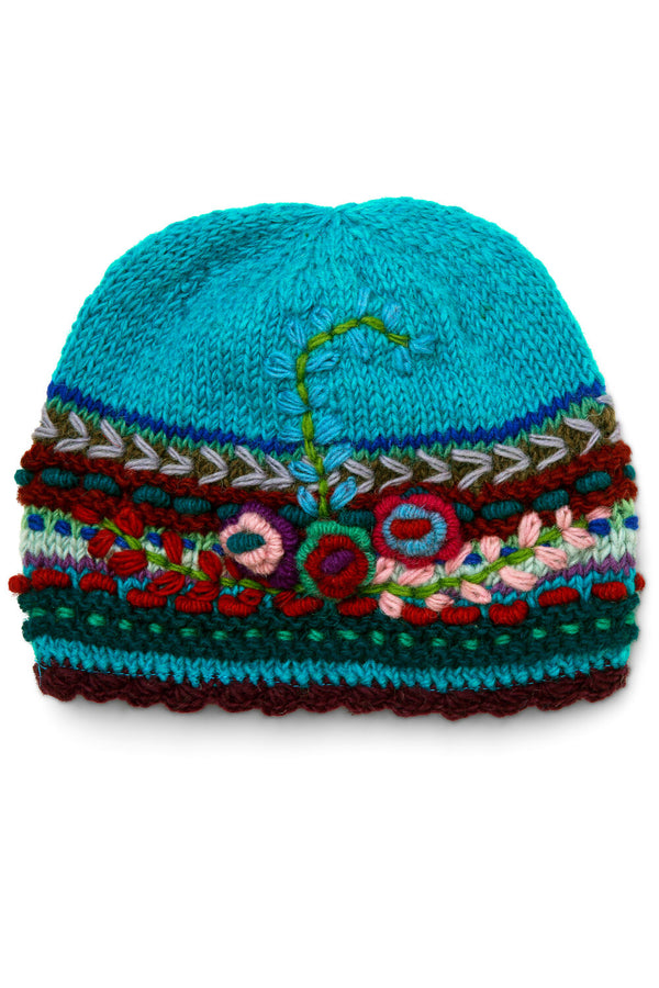 Hand-Knit Embroidery Hat - Turquoise