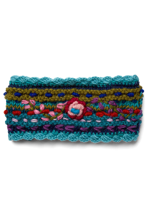 Hand-Knit Embroidery Headband - Winter Blue