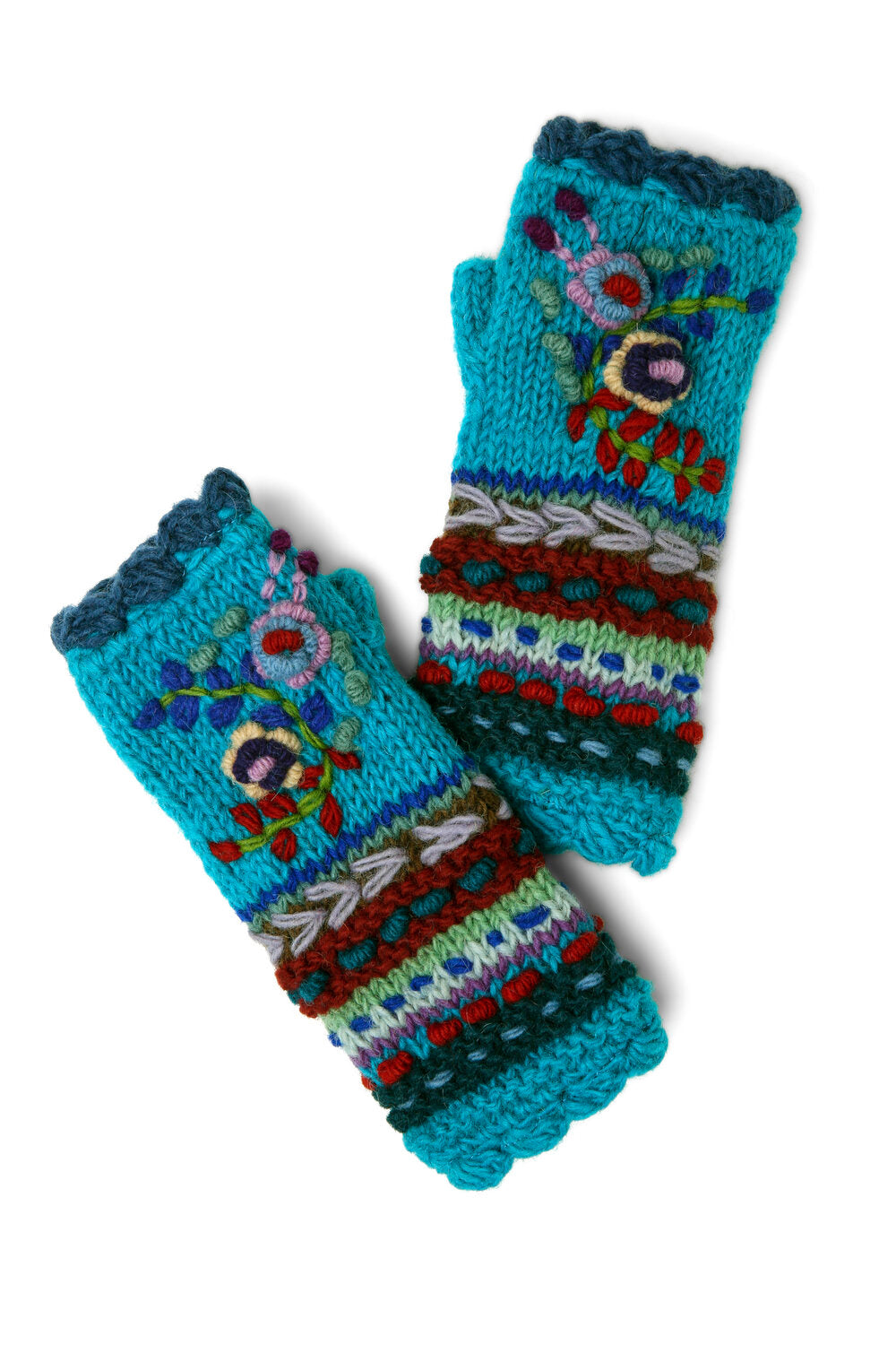 Hand-Knit Embroidery Fingerless Gloves - Turquoise